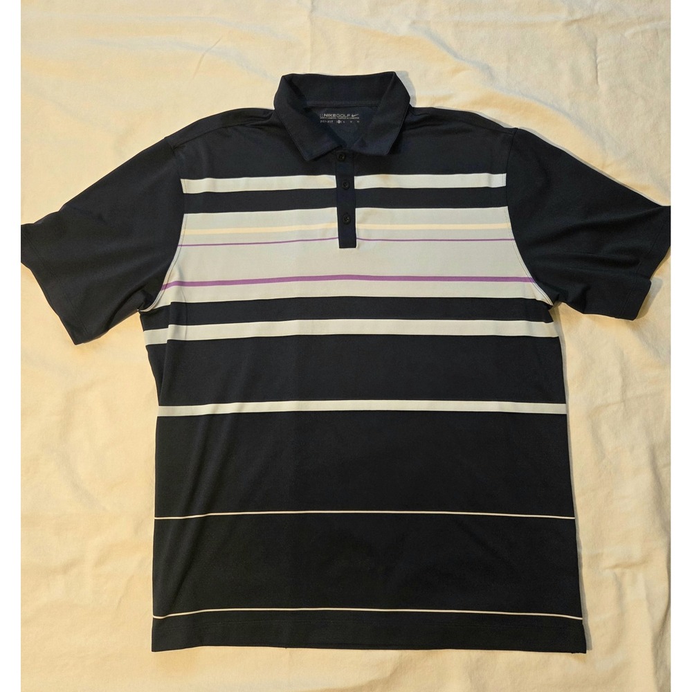 Nike Golf Dri-FIT Polo Shirt Mens XL Navy Gray Purple Stripe Swoosh Golf